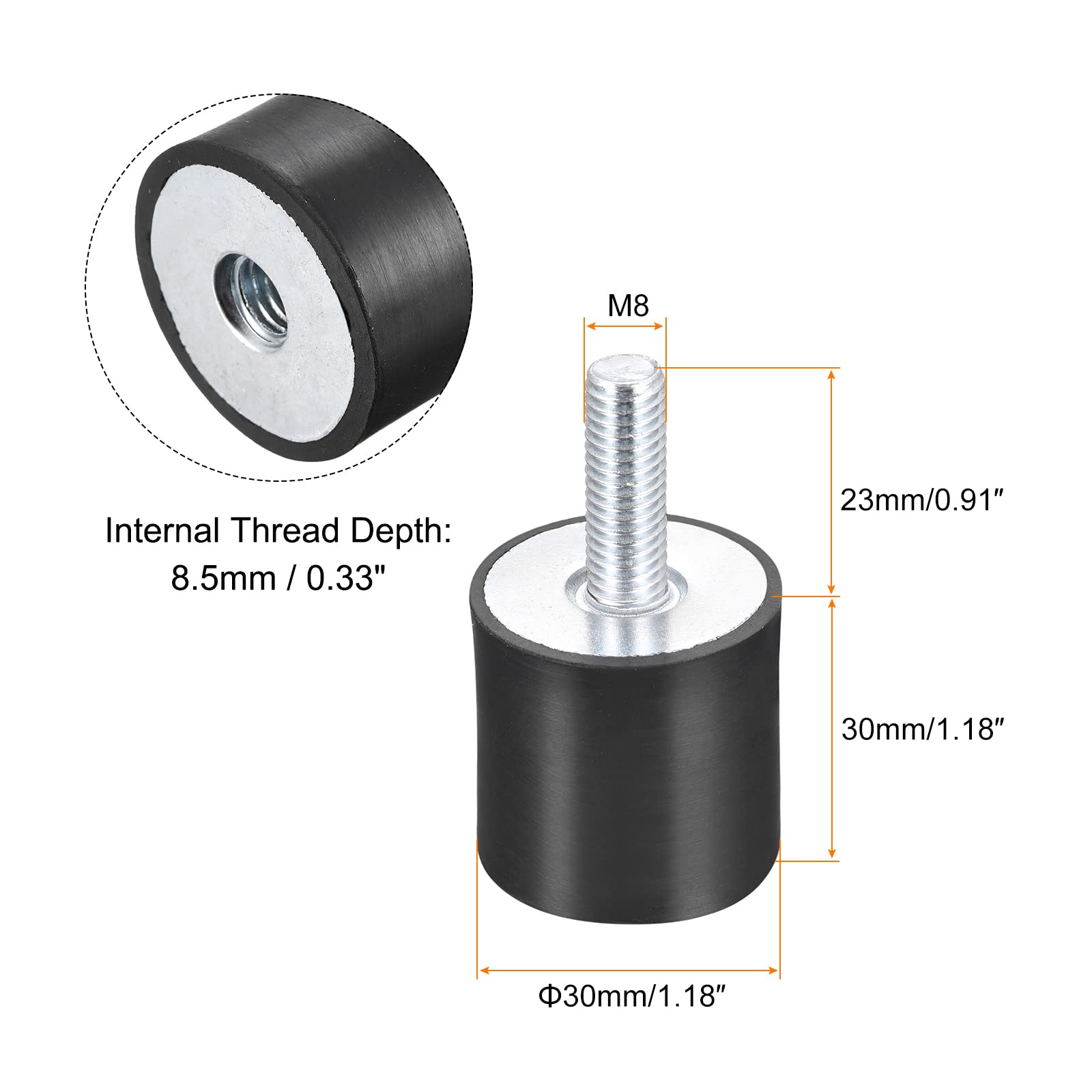 sourcing map 4pcs Silent Bloc M8 Mâle/Femelle Support Caoutchouc Amortisseur Vibration Isolateur Choc Absorbeur D30mmxH30mm