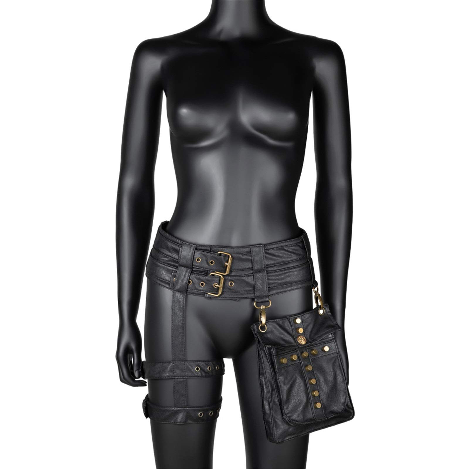 Leder Steampunk Tasche Damen Motorrad PU Gürteltasche Retro Kleidung Zubehör Gürteltasche Schwarz für Wandern Camping Trekking