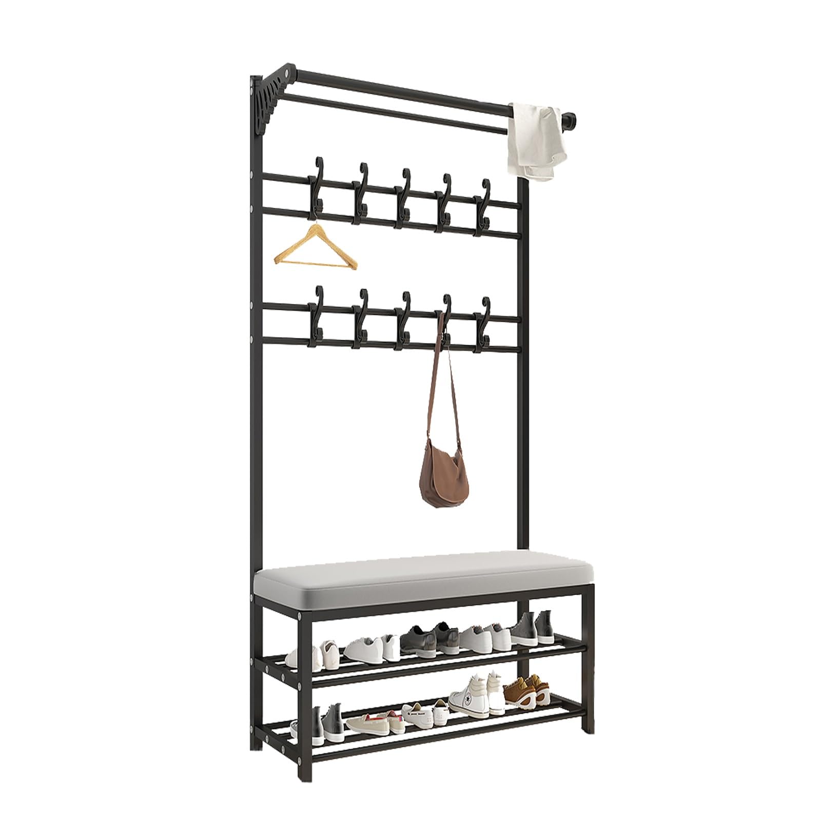 GHFXSCV Metal Coat Rack with Shoe Bench & Cush Seat, Entryway Hall Tree for Mudroom Sto, Black Design, 60cm - Perfect for nizing Your Space