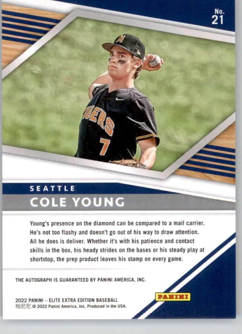2022 Panini Elite Extra Edition Signatures #21 Cole Young Auto Autograph Seattle Mariners Official Pre-MLB Prospect/Draft Baseball Card in Raw (NM or Better) Condition