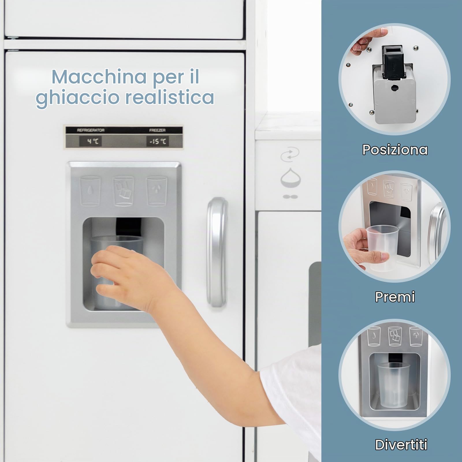 HOMASIS Cucina Angolare per Bambini in Legno, Cucina Giocattolo con Luci, Suoni e Vapore, Lavello, Fornello, Forno, Macchina del Ghiaccio, Frigorifero, Lavagna, per Bambini da 3+ Anni (Bianco)