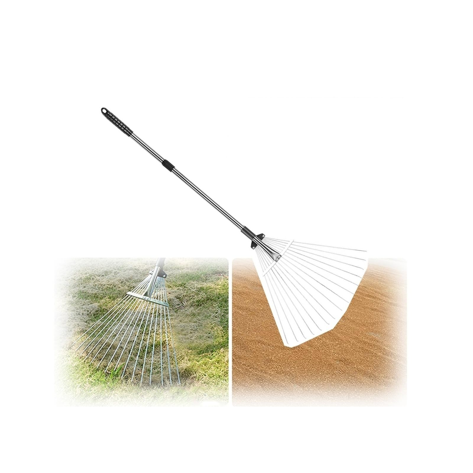 Rastrillo de jardín de acero inoxidable, rastrillo telescópico para hojas, herramienta de limpieza duradera para un mantenimiento eficiente de los arbustos, ideal para jardinería y limpieza al aire