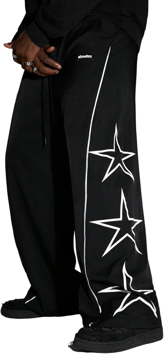 ZAFUL Mens Printed Lightweight Casual Pants Y2K Sweatpants Drawstring Dance Pants Baggy Fashion Straight Leg Pants