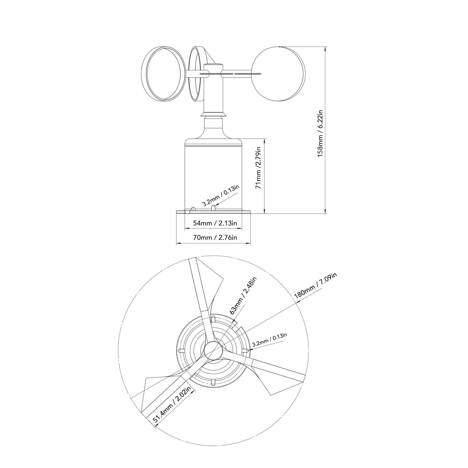 Windsensor Trans DC 5V Windgeschwindigkeitssensor Anemometer 0,8 m Kabel 3 Blatt