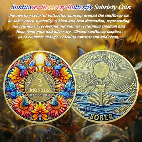 Image of Delicate Sunflower 2 Month Sobriety Coin - One Day at A Time 60 Day AA Sobriety Chip - Recovery Butterfly NA AA Chips and Medallions - 1-40 Years Living Clean Alcoholics Anonymous Gifts for Men Women