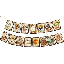 Geluode Vintage Happy Thanksgiving Banner - Turkey Pumpkin Sunflower Fall Harvest Decor - 15 Cards & 2 Rolls of String - Indoor & Outdoor Use