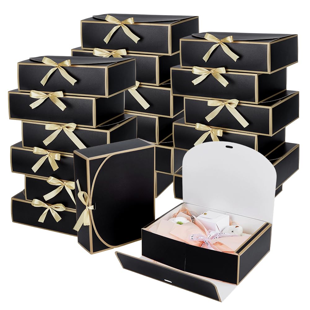 PH PandaHall 20pcs Gift Boxes with Ribbon, 10.6"x7.9"x3.2" Black Bridesmaid Proposal Boxes Wedding Gift Boxes with Lids for Presents Wedding Groomsmen Proposal Birthday Party Bride Shower