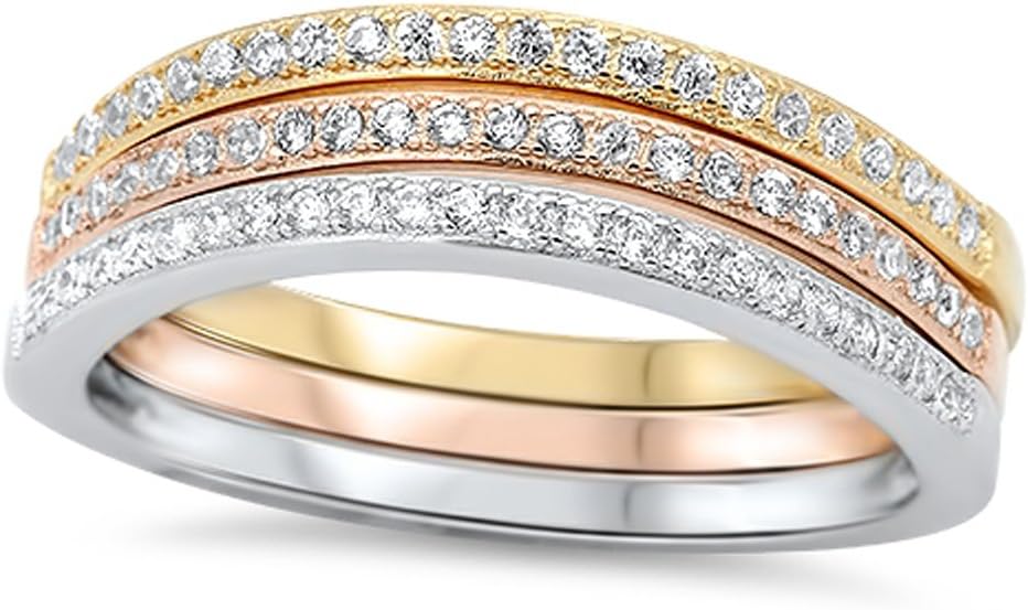 Stackable Set Rose Gold-Tone White CZ Ring .925 Sterling Silver Band Sizes 5-10