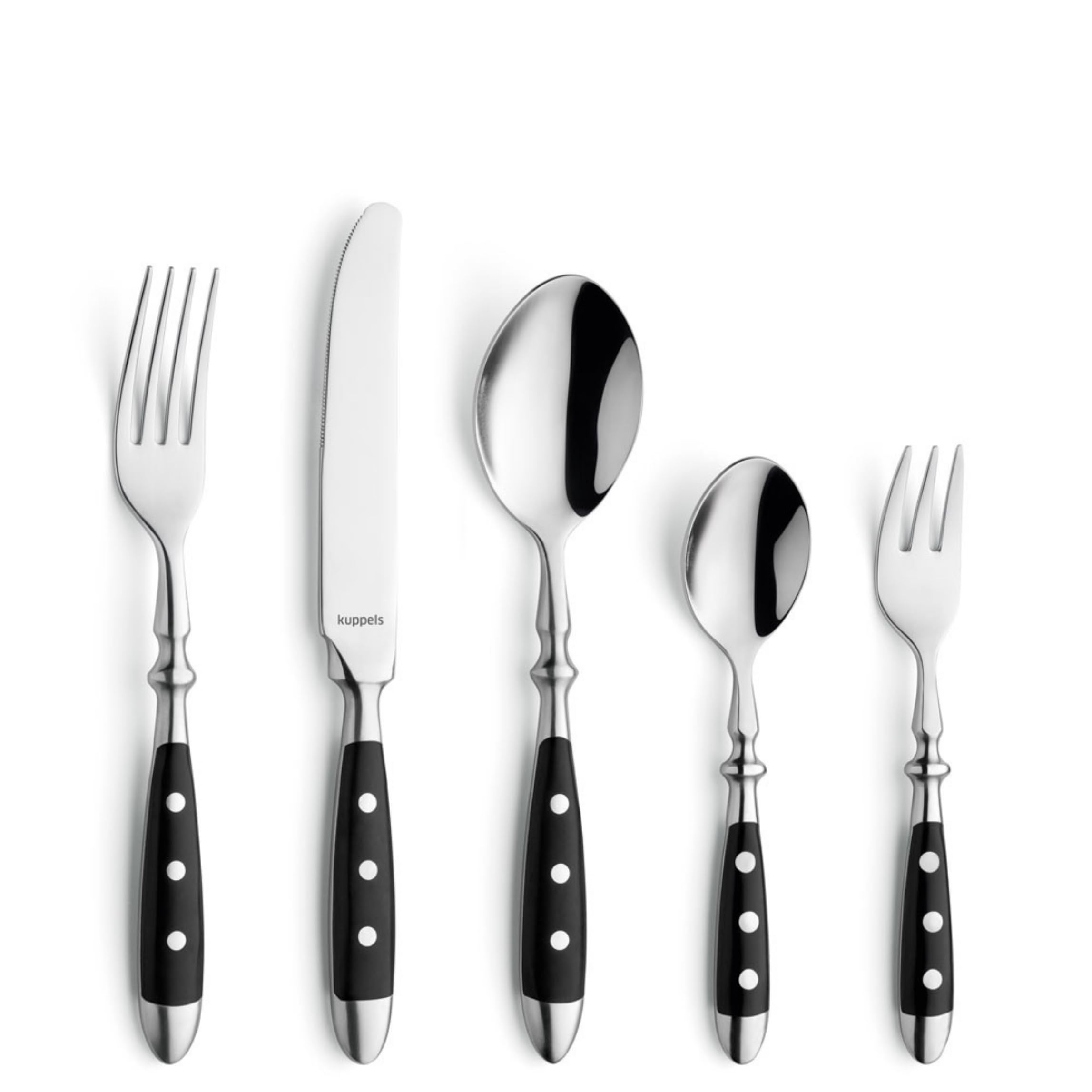 Kuppels COUNTRY Besteck Set 30-teilig, schwarze Kunststoffgriffe genietet | Edelstahl 18/0, hochglanzpoliert und spülmaschinenfest – rustikales Landhaus-Besteck ideal für 6 Personen