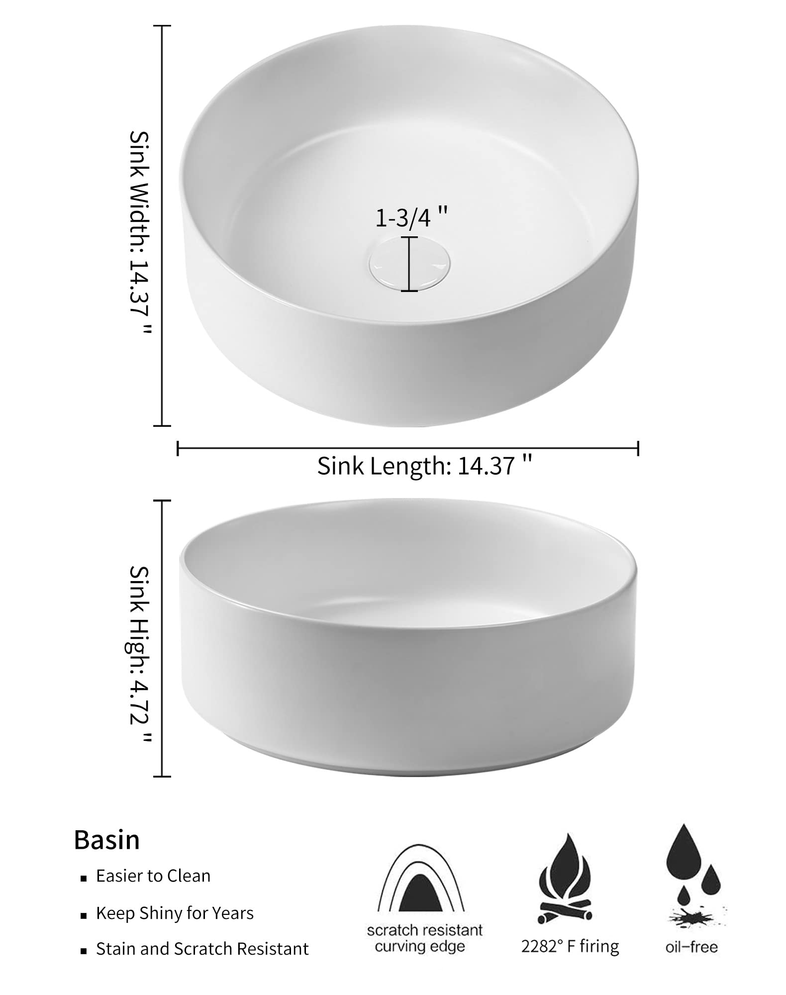 Bathroom Vessel Sink Set SENTANI 14.4" Ceramic Vessel Sink Basin with