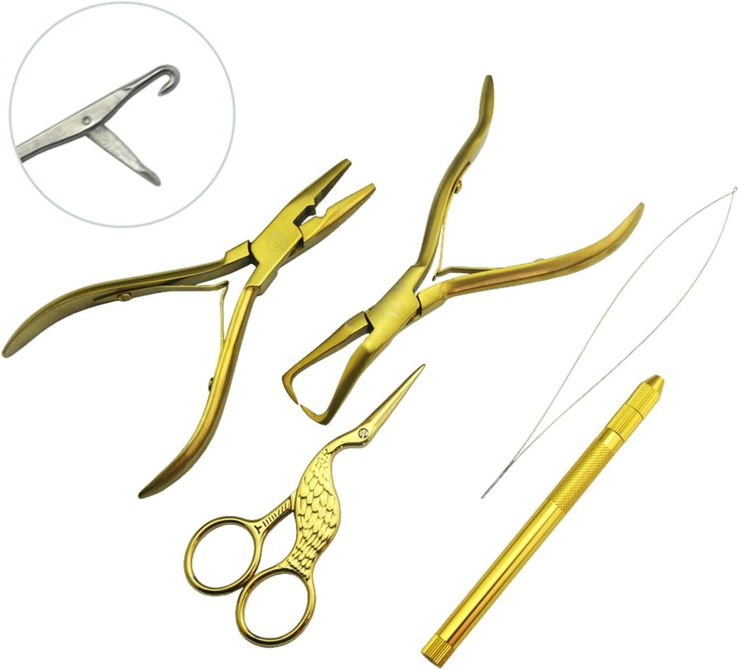 Hair Extension Beading Tool Kit Hair Extensions Micro Link Bead Closer and Remover Pliers and Cutting Scissors Set, Link Micro Ring Loop Needle Pulling Hook Threader Wire for Silicone Rings (Gold)