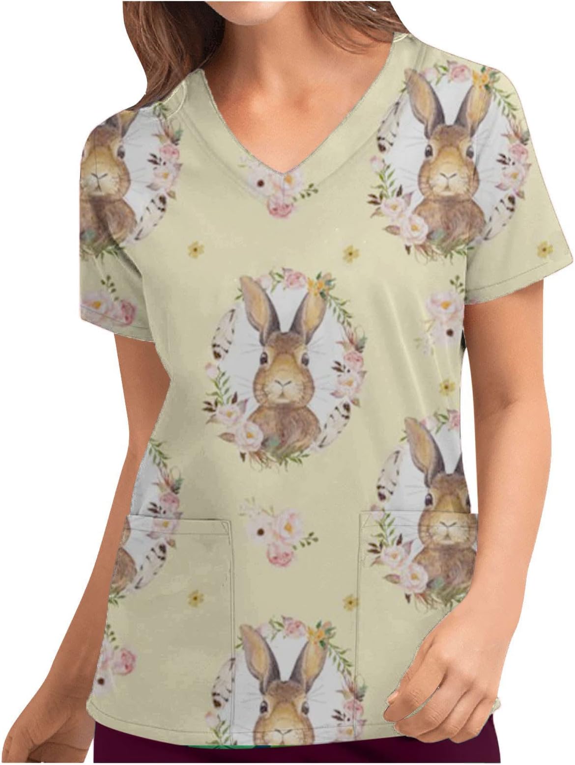 Easter Working Uniform for Women Cute Rabbit Egg Printed Shirts Short Sleeve V Neck Tee Holiday Carer Tops Blosue with Pocket