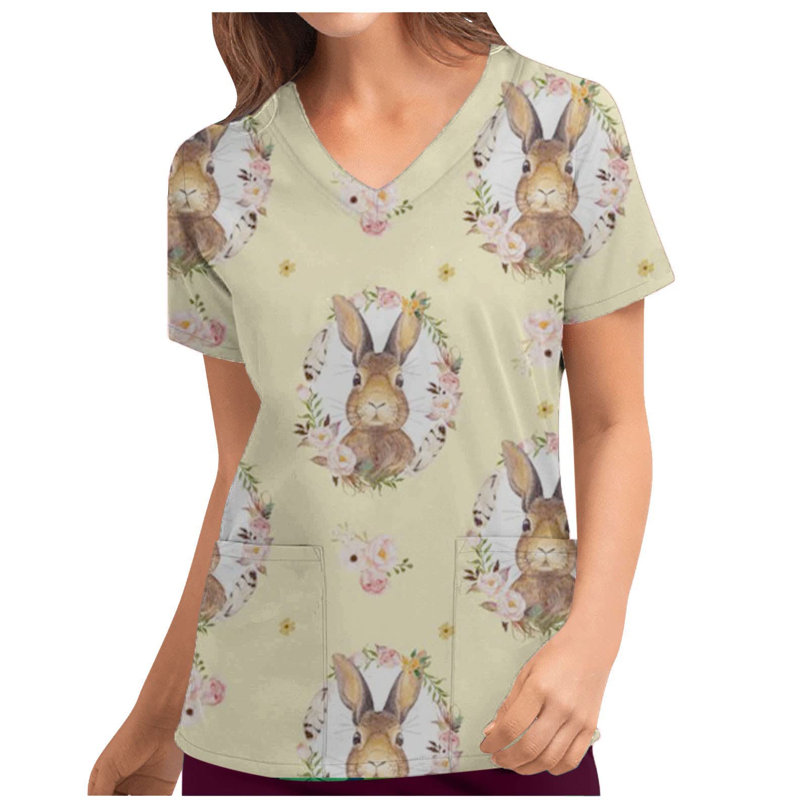 Easter Working Uniform for Women Cute Rabbit Egg Printed Shirts Short Sleeve V Neck Tee Holiday Carer Tops Blosue with Pocket