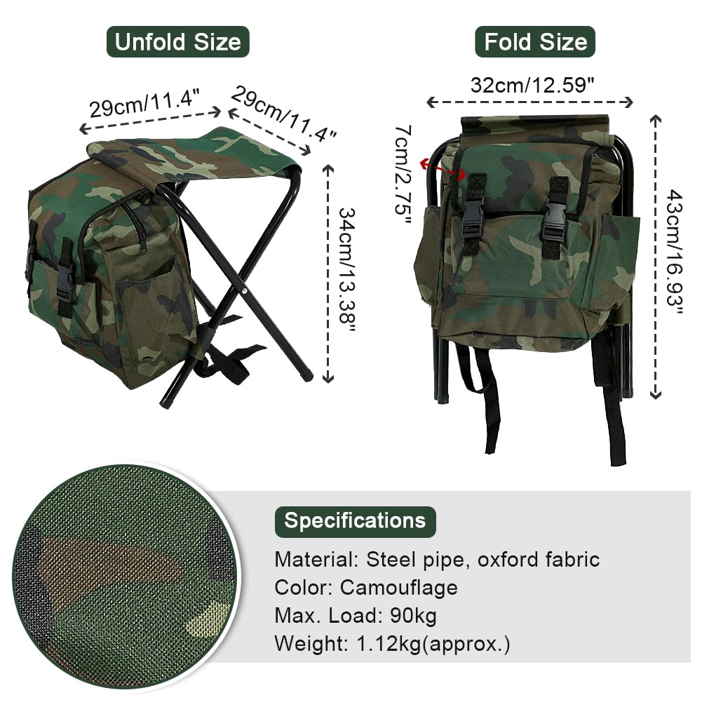 Sitzrucksack klappbar Campingstuhl Hocker mit Tasche Camouflage Portable Campinghocker tragbar Rucksack Stuhl Ultraleicht Angelrucksack Klappstuhl Strandstuhl Angelstuhl Klapphocker 34 x 29 x 29 cm