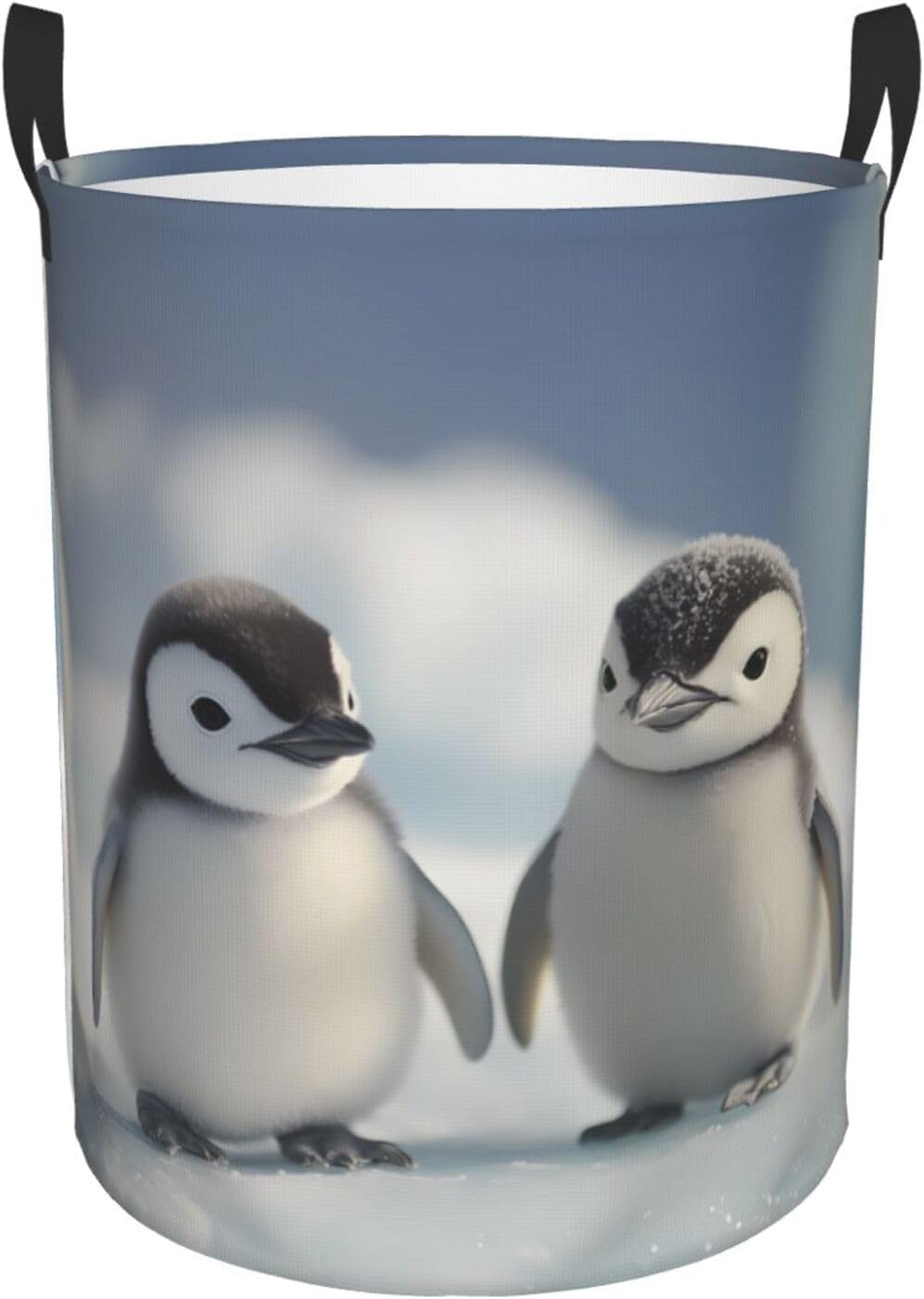 Cute little penguin Round Single-layer Laundry Basket, Portable Storage Laundry Basket, Bedroom Clothes Storage Basket with Handle
