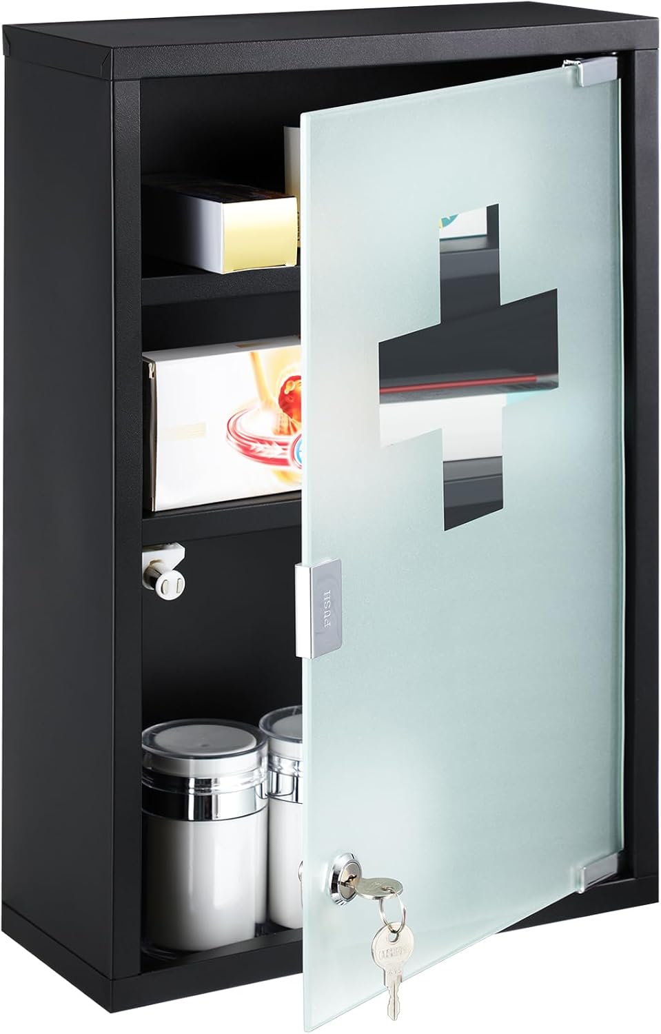 Timgle First Aid Wall Cabinet with Lock Medicine Wall Mounted Bathroom Storage Hanging Medical Cabinet with Safety Glass Door for Bathroom(3 Shelves,Black) Black 3 Shelves