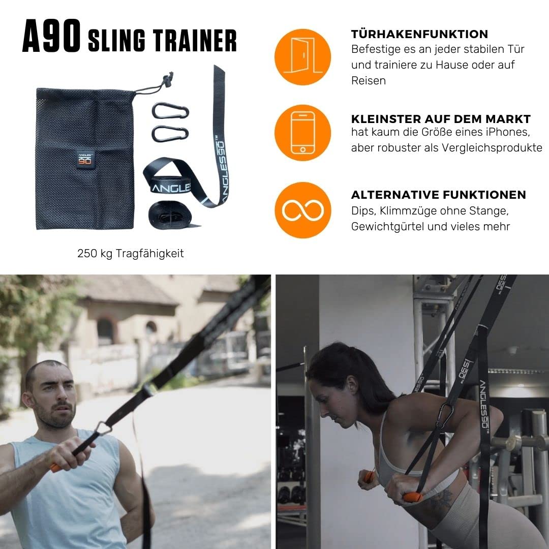 Angles90 Fitness-Griffe für Klimmzugstange & Latzugstange - Schwarz A90 Athlete Set - Ergonomische 4-in-1-Griffe für Trizepsseil, Latzug Griff & Rudergerät - Sling Trainer & Kabelzug