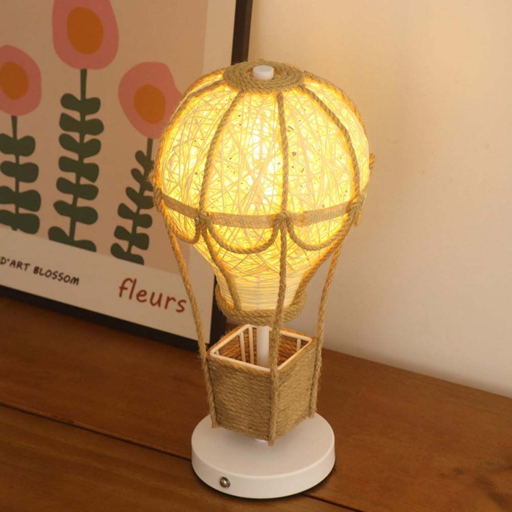 Kinder Nachttischlampe mit Touch Dimmbar, Tischleuchte Boho Kabellos, Kinderzimmer Heißluftballon Lampe Rattan Hanfseil Design Kinder Nachtlicht 3000K Warmes Licht für Schlafzimmer