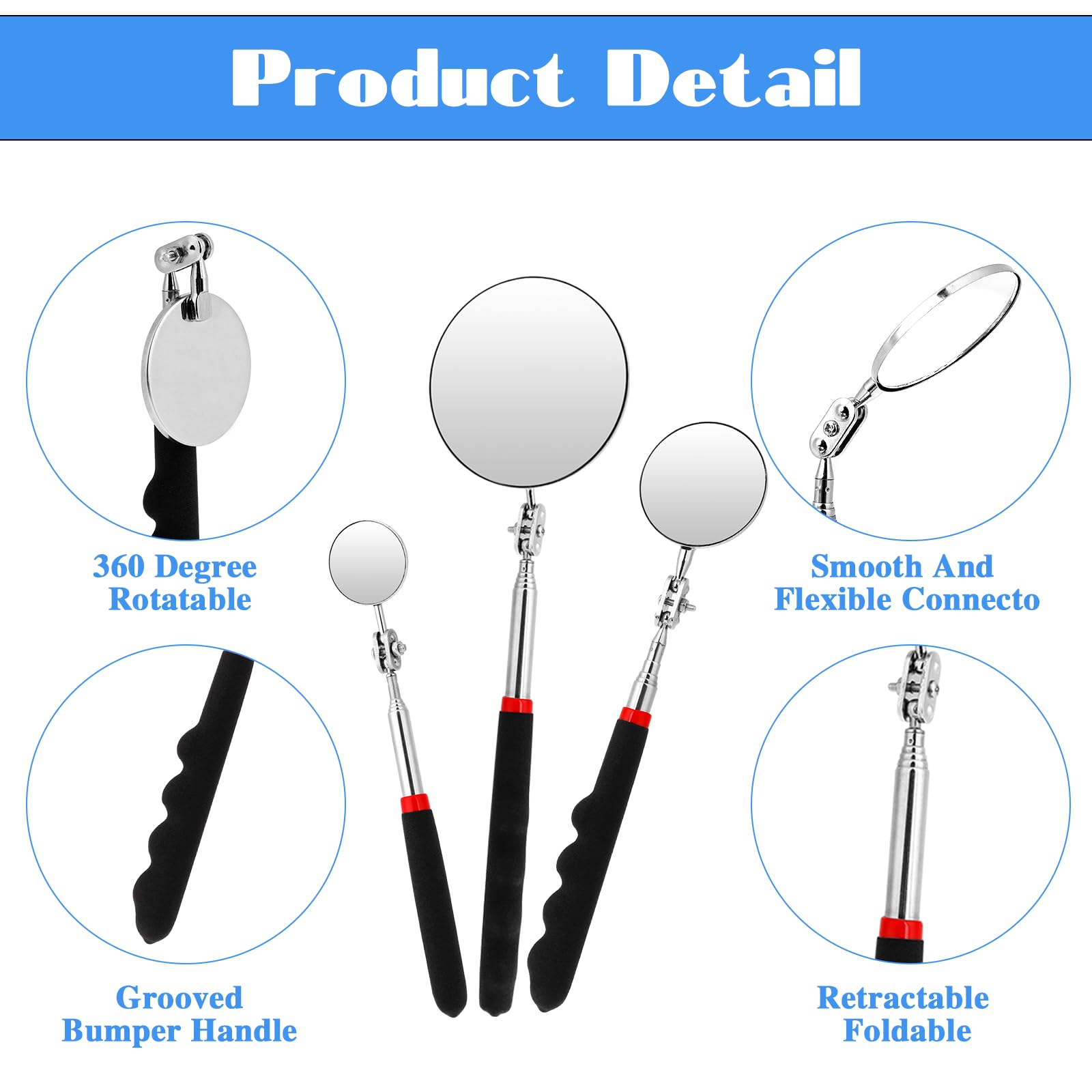 2 Pcs Telescoping Inspection Mirror Flexible 360 Rotation Telescoping Mirrors Round Mirror On A Stick 28.3 Inch Mechanic Automotive Tool With Long Handle For Technicians Mechanics Contractors Checking