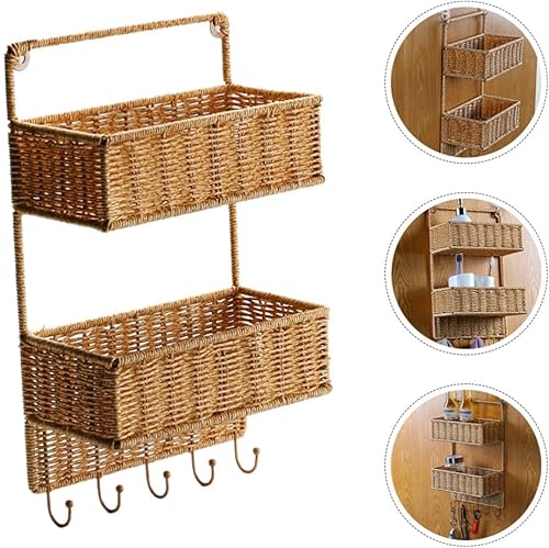 Miniatura 2 de Angoily Cesta clasificadora de almacenamiento tejida de 2 niveles con 5 ganchos, cesta de frutas colgante de ratán para cocina, verduras,