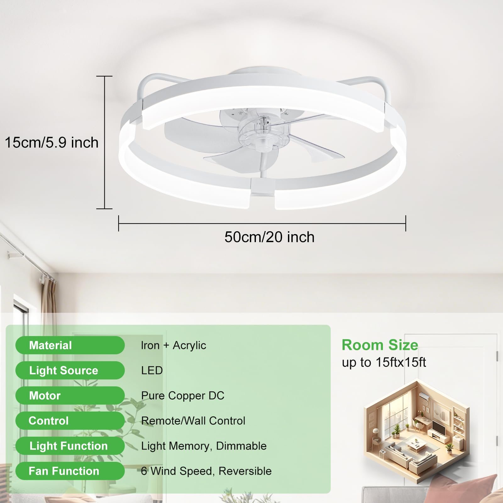 Deckenventilator 50cm Einbau DC-Motor Leiser Lampe mit Ventilator 6 Geschwindigkeiten Umkehrbarer 3-Farben-LED Dimmbarer Deckenlampe Ventilator für Schlafzimmer Esszimmer Wohnzimmer (weiß)