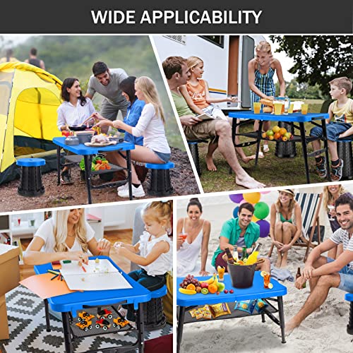 Small Folding Camping Table Portable - Adjustable Height Table With Collapsible Stool And Mesh Layer Foldable Table Lightweight With Carry Handle For Outdoor Hiking Camp Bbq Picnic Beach Cooking(Blue) #TOP1