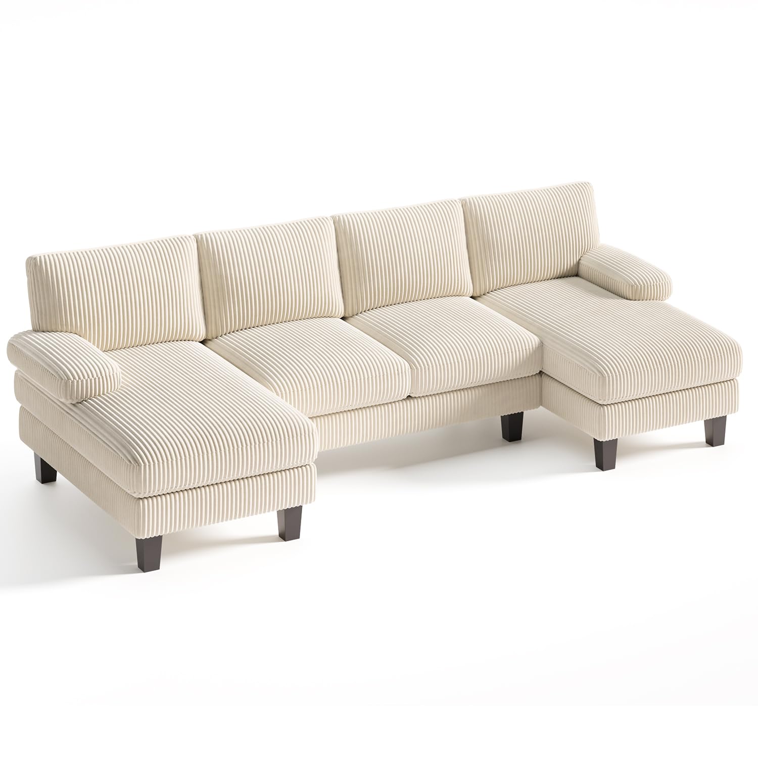 Xbro Divano Angolare a U 4 Posti con Doppia Chaise Longue, Divano Grande Moderno da Soggiorno e Salotto in Velluto a Coste, Struttura in Legno e Metallo 271x122x86 cm, Beige