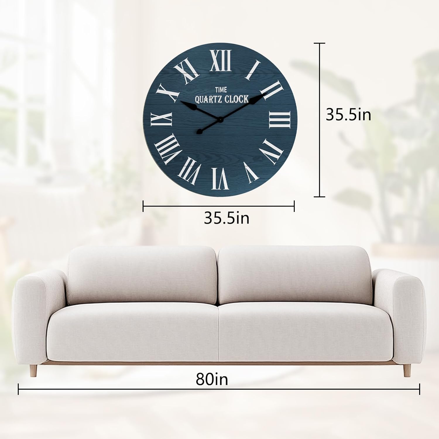 ARTPOWER Large Farmhouse Wall Clock, 35.5” Shiplap Wall Clock with Roman Numeral, Nearly Non-Ticking, Round Wall Clocks for Living Room Decor, Office, Bedroom, Entrance, Navy Blue