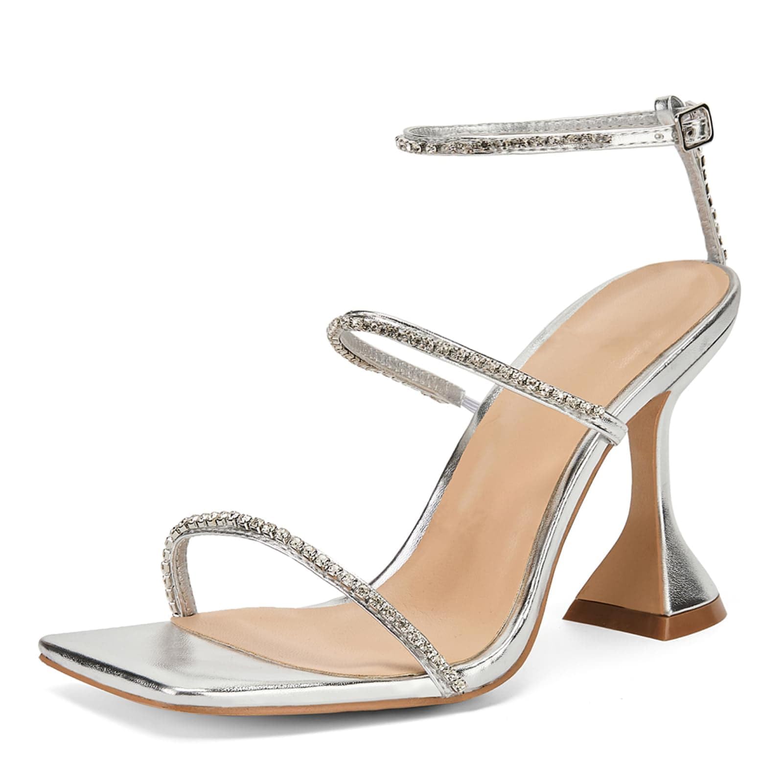 FRJR Women's Rhinestone Sandals Lace Up Slingback Square Open Toe Heels Sparkling Sandals with Stiletto Buckle Strap for Dress Party Prom Wedding High