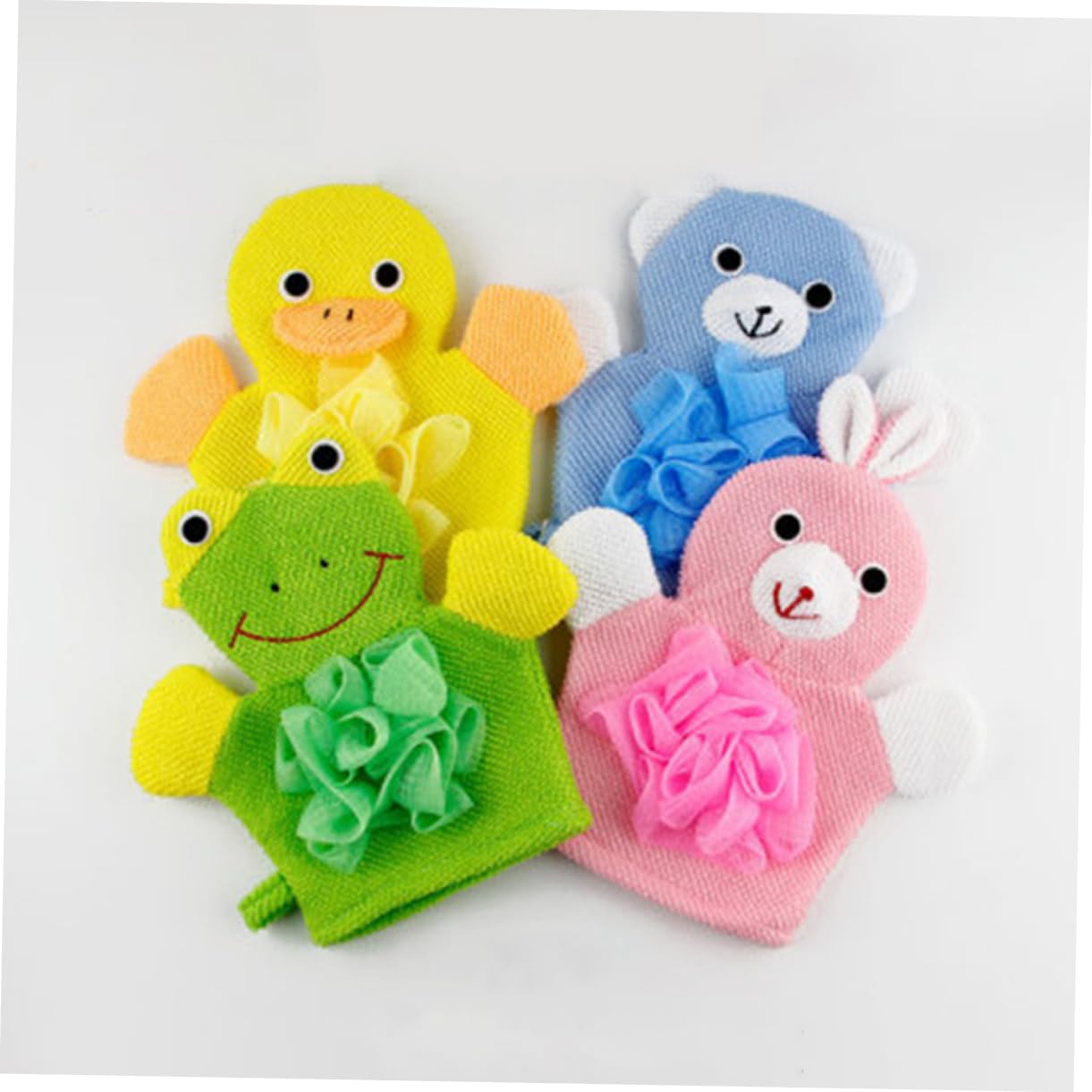 VICASKY 4Pcs Cartoon Bath Towels Exfoliating Shower Gloves for Gentle Cleaning Scrubbing Soft Material for Safe Use for Duck Frog Rabbit Bear