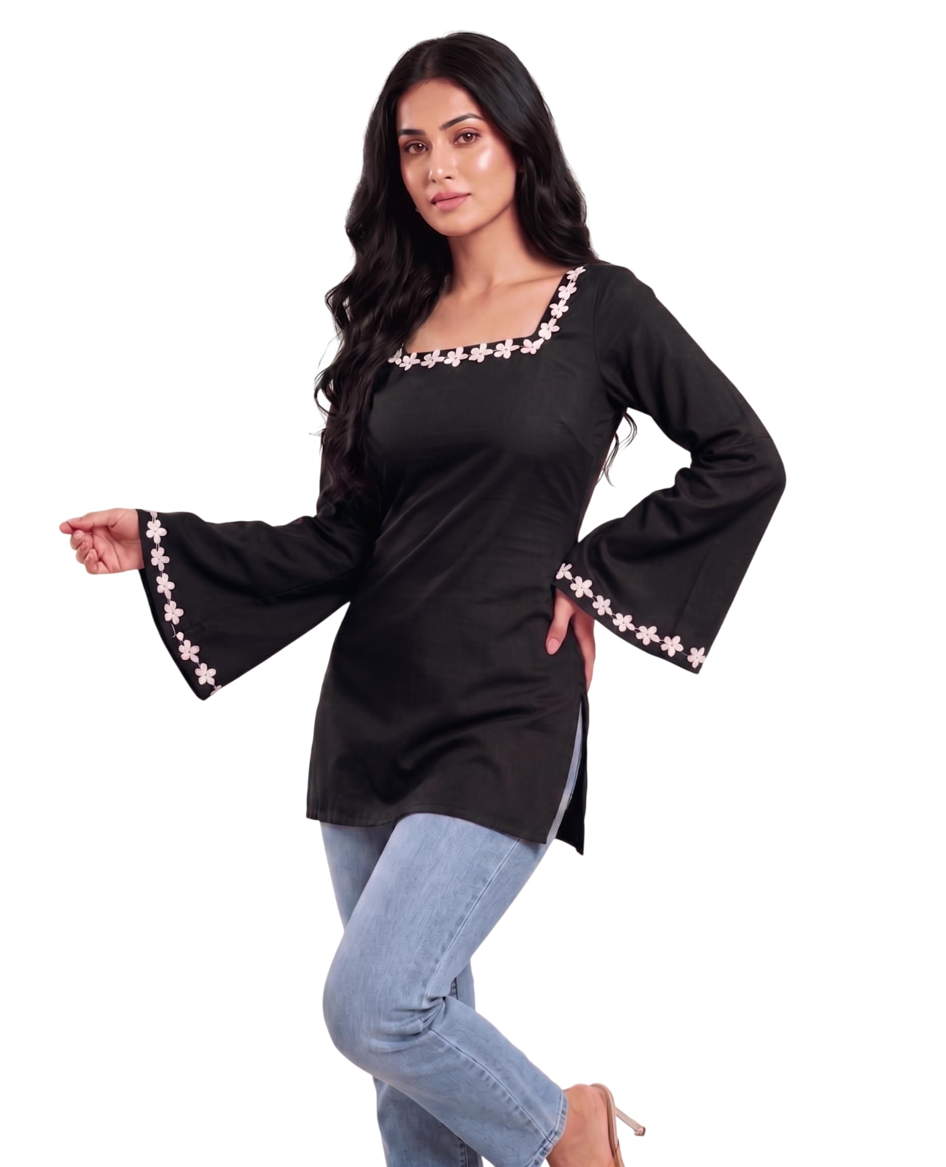 MAHIRA'S Comfort Women's Short Kurti, Rayon Tunic Top with 3/4 Embroidered Designer Sleeves | Soft Breathable Fabric | Office & Casual Kurti for Jeans, Leggings & Trousers-image-30