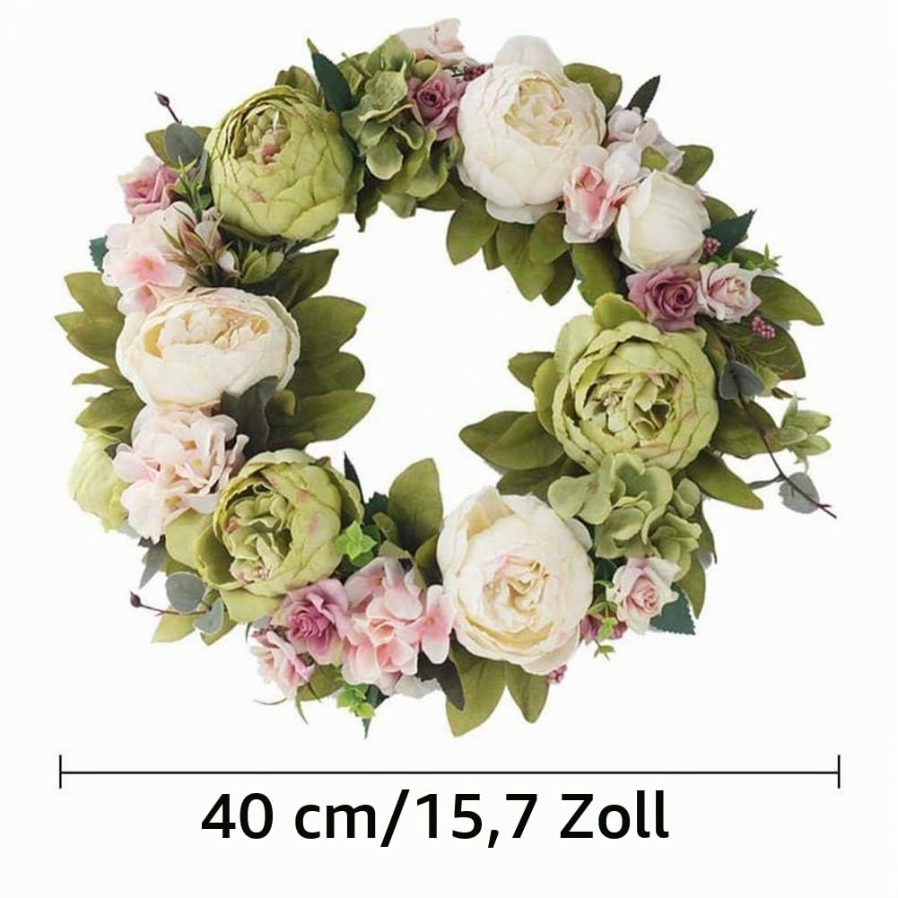 Künstliche Blumenkranz Frühlings-Kranz Artificial Peony Hydrangea-Blumen-Tür-Kranz mit Blumen Deko frühling Deko Kranz,Deko Wandkranz Girlande Kunstpflanzen Hängen Kranz für Frühling und Sommer,40cm