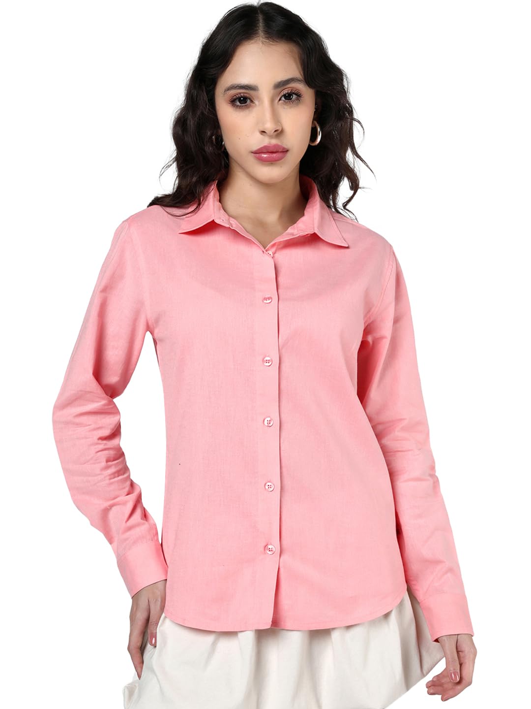 Bewakoof Camicia da donna tinta unita oversize con colletto a maniche lunghe in misto cotone e lino