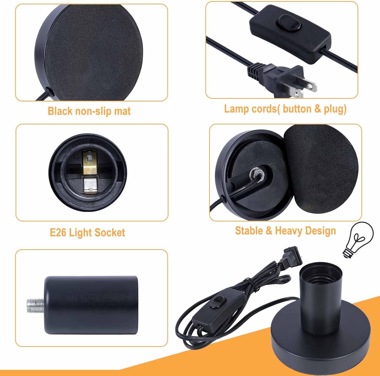 Industrial Table Lamp, Small Metal Desktop Light Socket Base, Vintage E26/E27 Edison Screw Light Bulb Holder, 5.57ft Cord, On/Off Switch, US Plug (Black, Set of 2)