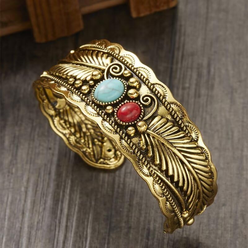 Vintage Gold Silver Plated Butterfly Leaf Cuff Bracelet Chunky Bohemian Turquoise Adjustable Western Cowgirl Bangle Bracelets for Women Summer Beach Jewelry Gifts - Image 2