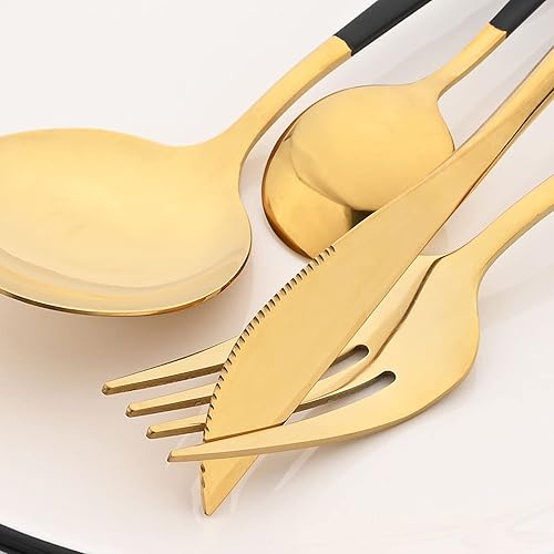 Miniatura 5 de Juego de 6 tenedores de ensalada, tenedores de postre, cubiertos de acero inoxidable 180 pulido de espejo de 7.48 pulgadas (negro dorado, 6 piezas)