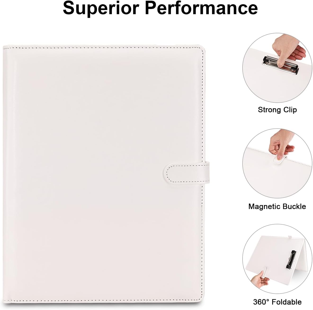 KINGFOM Professional Business Padfolio Clipboard Folder Portfolio, PU Leather Clipboard Organizer with Cover for Legal Pad Holder, Letter Size Resume/Document Portfolio Folder for Men Women White