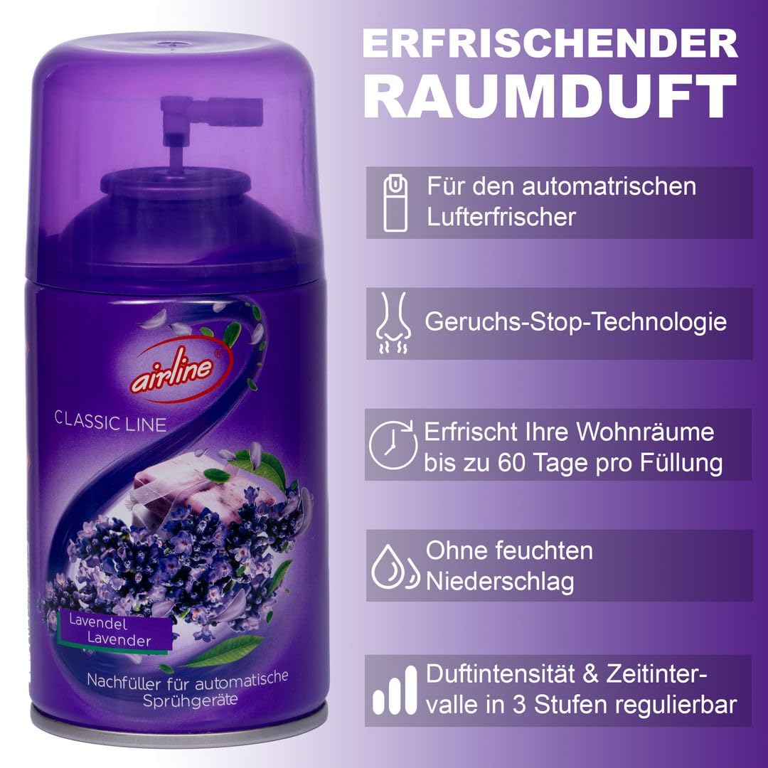 Laro Premium Airline Lavendel Raumduftspray Vorteilspaket 6/12/24/48/96 St Nachfüller für automatische Duftspender 250ml, Anzahl:96, Duft:Lavendel