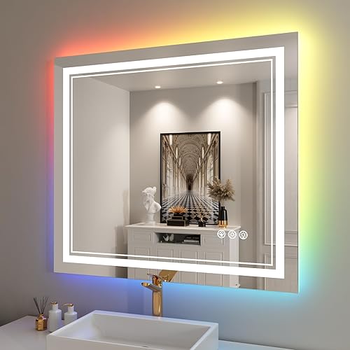 Miniatura 172 de Espejo de baño LED de 40 x 32 pulgadas, luz frontal y retroiluminada, antiniebla, regulable, espejo de tocador iluminado con memoria, espejo LED