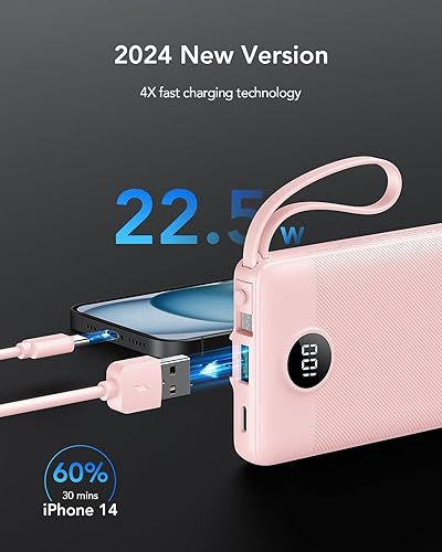 Miniatura 2 de VRURC Cargador de teléfono portátil, cargador portátil de carga rápida PD de 20 W para iPhone, banco de batería de 10000 mAh con cables, 4 salidas 3