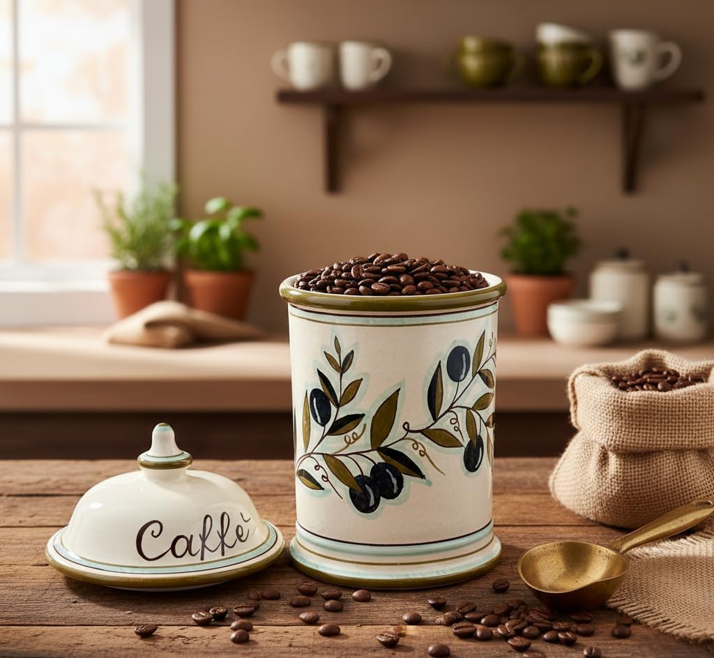 CERAMICHE D'ARTE PARRINI- Italian Ceramic Coffee (caffè) Jar Holder Conteiner Hand Painted Pattern Olives Tuscan Made in ITALY Art Pottery