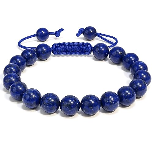 Lapis Lazuli Crystal Bracelet  Gemstone Bead Bracelet with Adjustable Macrame String  Chic Gemstone Bracelet for Men and Women  8mm Round Healing