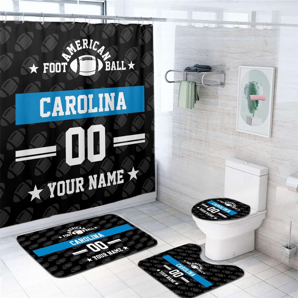 Custom Carolina Style Shower Curtain 4-Set, Personalized Name and Number, Football Style Bathroom Decor, Includes Floor Mat, Toilet Seat Mat, U-Shaped Mat and Shower Curtain