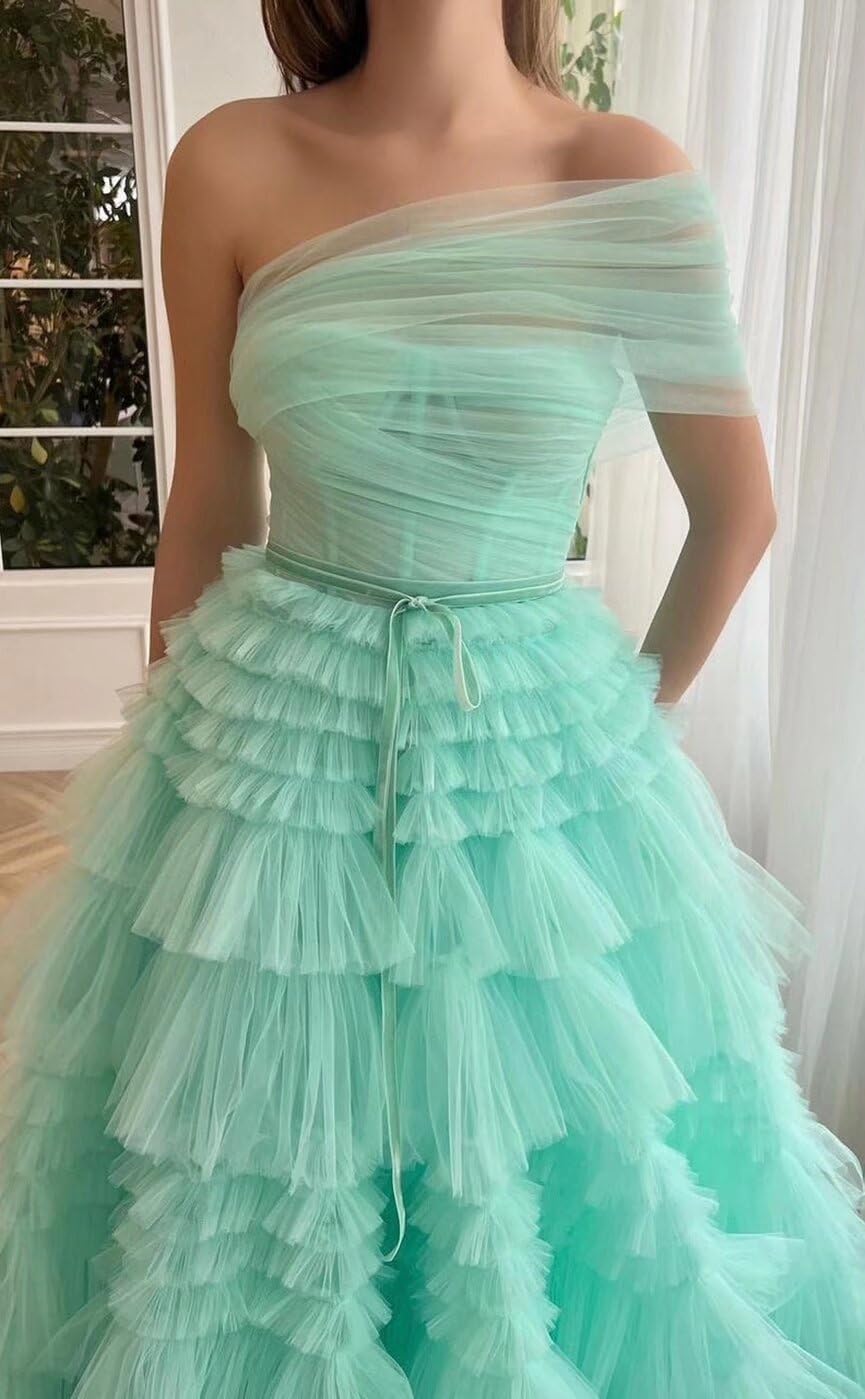One Shoulder Tulle Prom Dresses Layered Ball Gowns for Women Foraml Tiered Princess Quinceanera Dresses