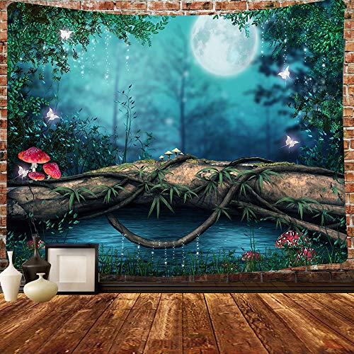 Simsant Fairytale Forest Tapestry Hippie Moon Psychedelic Mushrooms Trees and Plants Fairyland Wall Carpet 80x60inch Oversized Bedroom Living Room Wall Decoration Tapestry GTHXSI452
