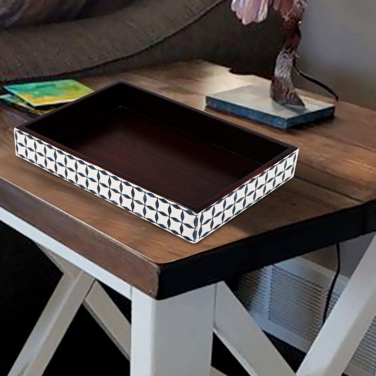 Handicrafts Home Black & White Bathroon Tray, Resin Inlay, Illusion Wrap Decorative Vanity & Bathroom Organizer, Small Countertop Tray, Guest Towel Holder, Serving Tray for Kitchen, Vintage Decor-10x6