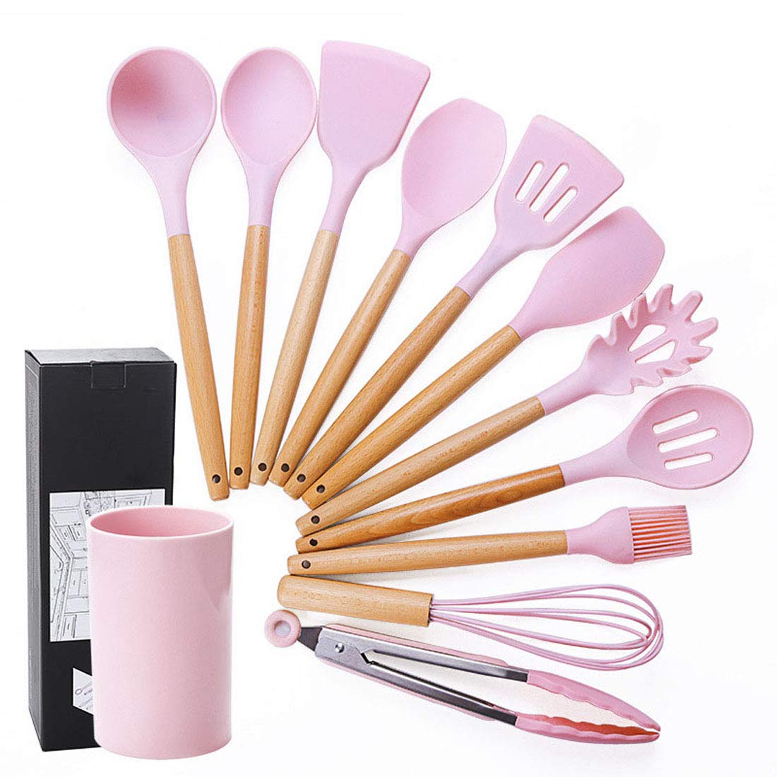SXSHYUJE Non-stick Kitchen Utensil Set Silicone Cooking Utensils - with Wooden Handle 11 Pieces Cooking Spatula Turner Heat Resistant Tools Baking Utensils, Pink