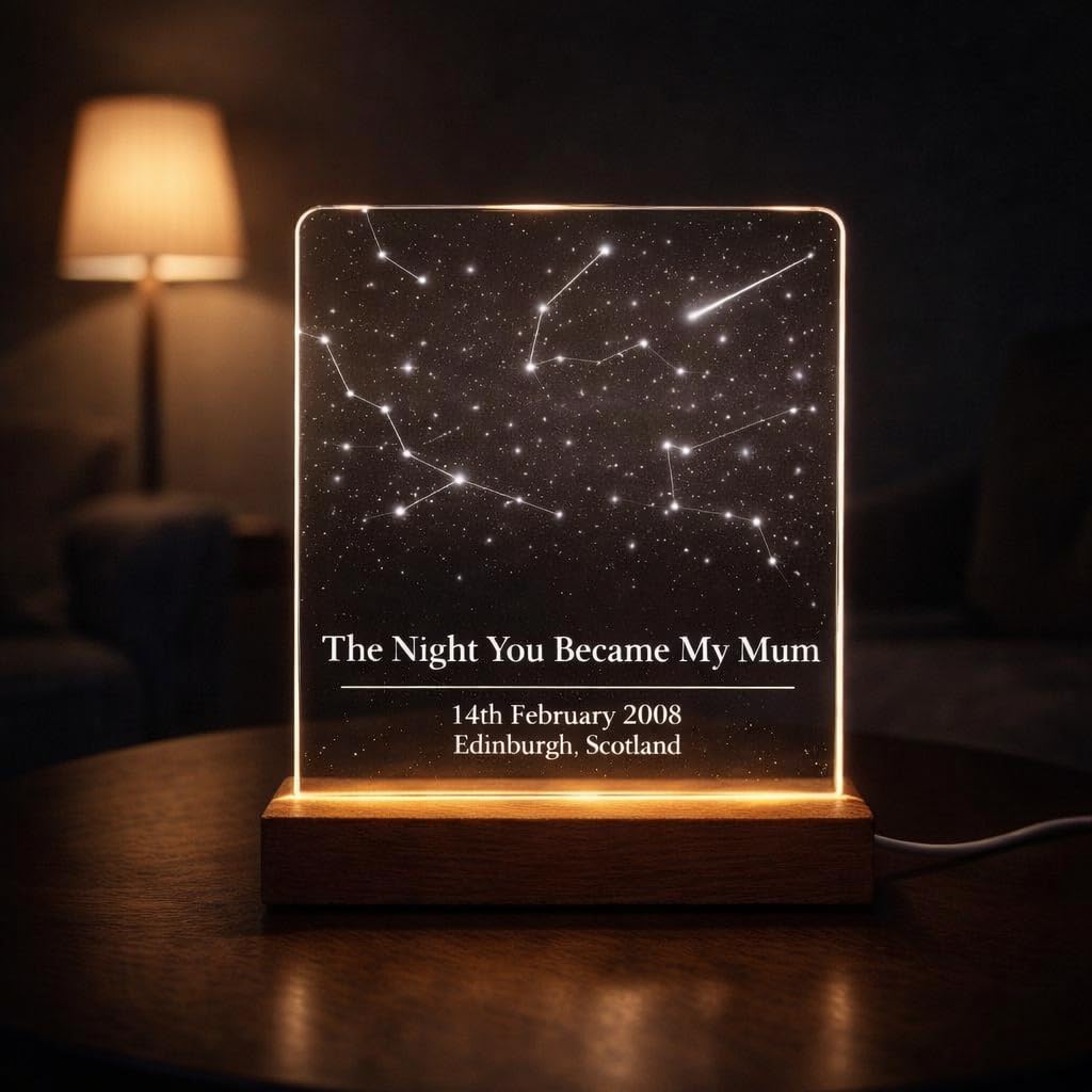 Personalised Star Map LED Night Light – The Night You Became My Mum – Custom Date & Location Acrylic Lamp Gift for Mum – Wooden Base Constellation Light – Mother’s Day Gift