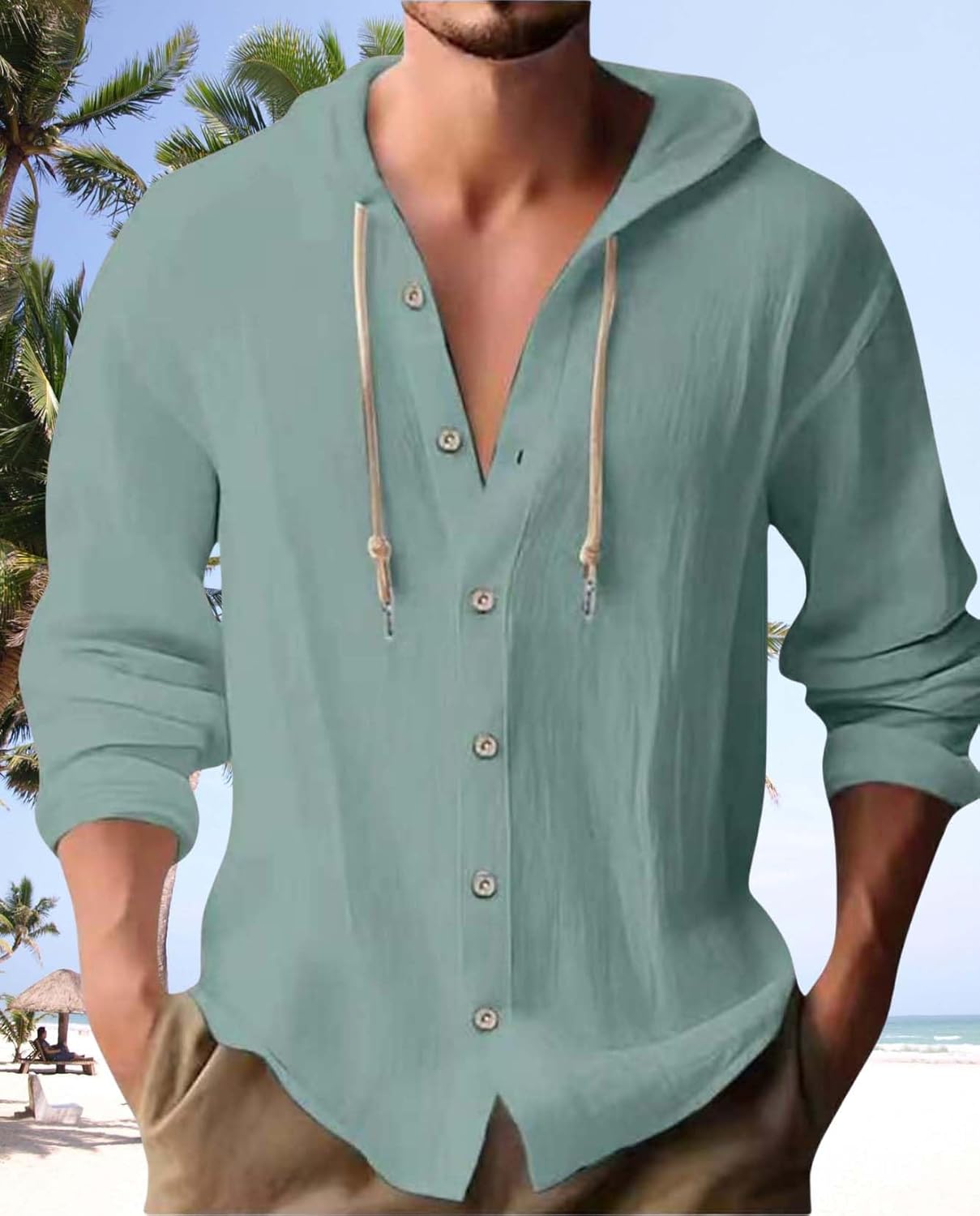 Linen Hoodie Shirt for Men Long Sleeve Button Down Loose Lightweight Beach Vacation Shirts Top - Image 4