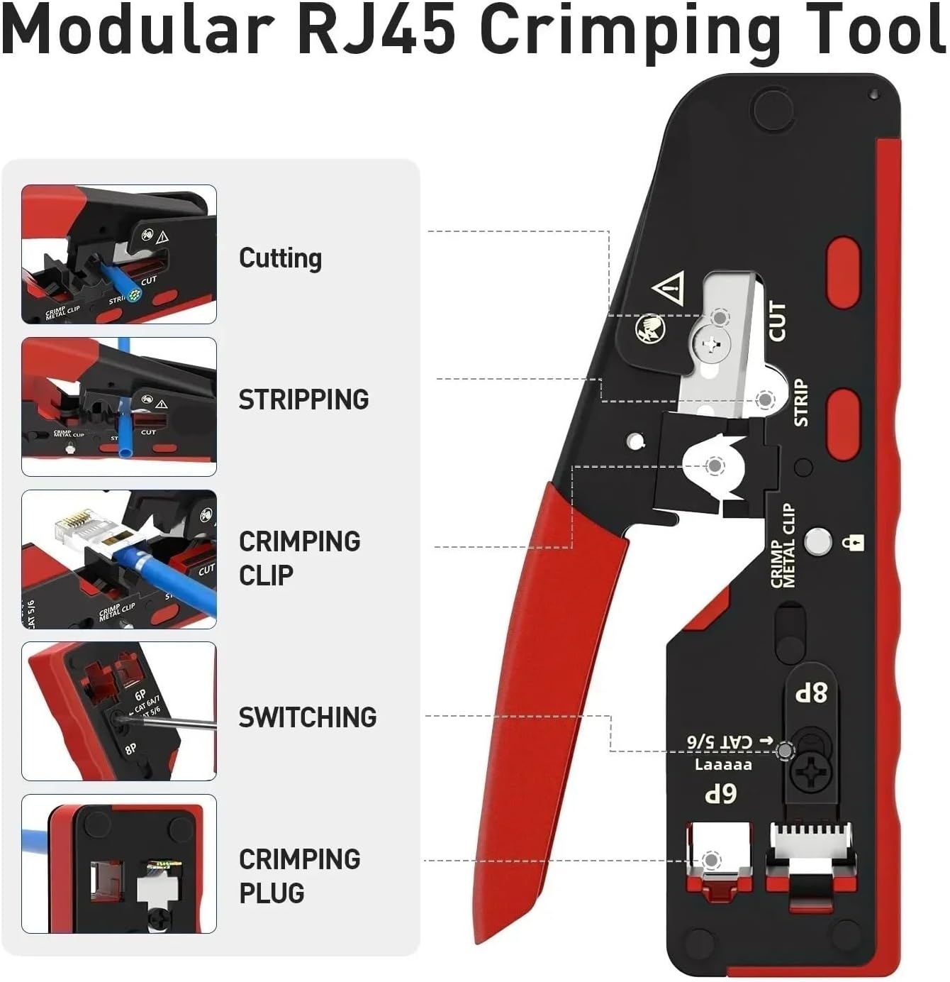 RJ45 Crimp Tool for Cat7/6A/6/5e Ethernet Connectors With Wire Cutting and stripping Function Including Replacement Blade(Red)